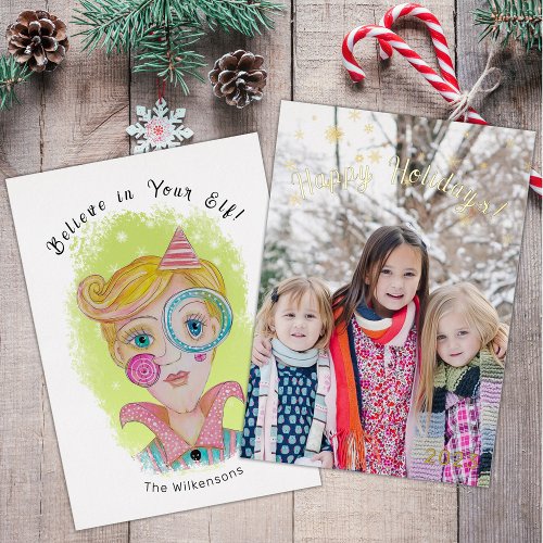 Whimsical Quirky Christmas Elf Funny Family Photo  Foil Holiday Card