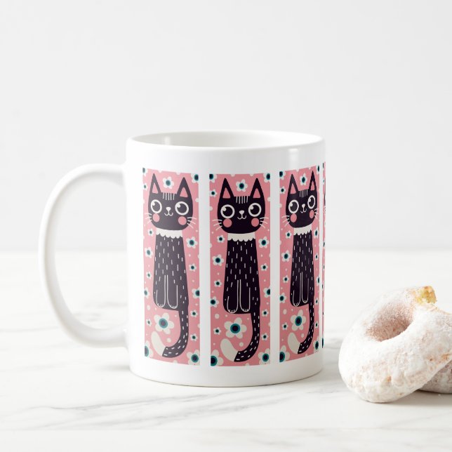 Whimsical Quirky Doodle Black Cat Drawing  Coffee Mug (With Donut)