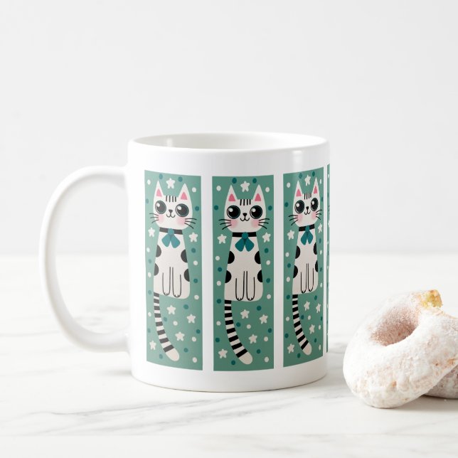 Whimsical Quirky Doodle Cat Drawing Coffee Mug (With Donut)