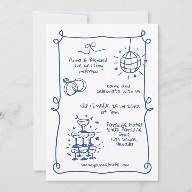 Whimsical Quirky Doodle Frame French Blue Wedding Invitation (Front)