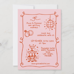 Whimsical Quirky Doodle Frame French Pink Wedding Invitation