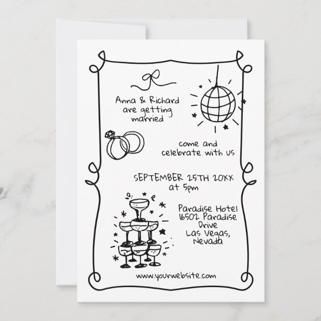 Whimsical Quirky Doodle Frame French Retro Wedding Invitation (Front)