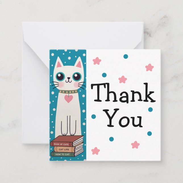 Whimsical Quirky Doodle White Cat And Books Note Card (Front)