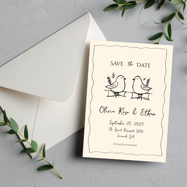 Whimsical Quirky Dove Hand Drawn Save the Date (Creator Uploaded)
