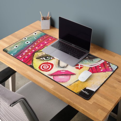 Whimsical Quirky Face Woman Artistic Fun Colorful  Desk Mat