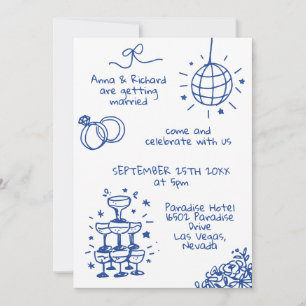 Whimsical Quirky French Doodle Photo Blue Wedding Invitation