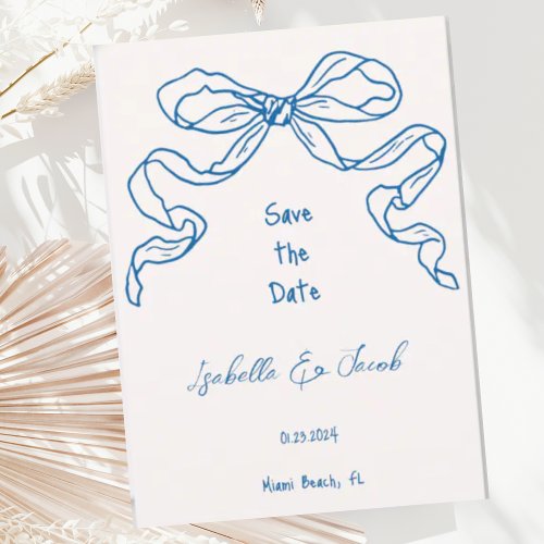 Whimsical Quirky Hand Drawn Blue Bow Save the Date Invitation