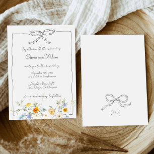 Whimsical Quirky Hand Drawn Bow Wildflower Wedding Invitation