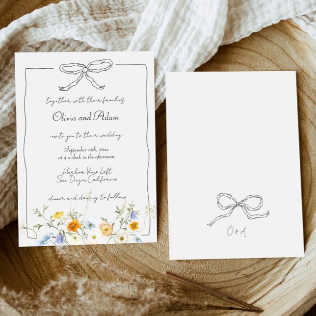 Whimsical Quirky Hand Drawn Bow Wildflower Wedding Invitation (Creator Uploaded)