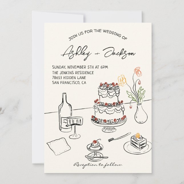 Whimsical Quirky Hand Drawn Cake Wedding Invitation (Front)