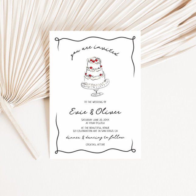 Whimsical Quirky Hand Drawn Cherry Cake Wedding Invitation (Creator Uploaded)
