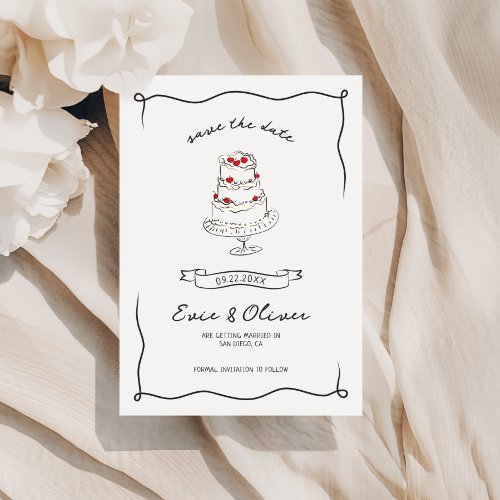 Whimsical Quirky Hand Drawn Cherry Cake Wedding Save The Date