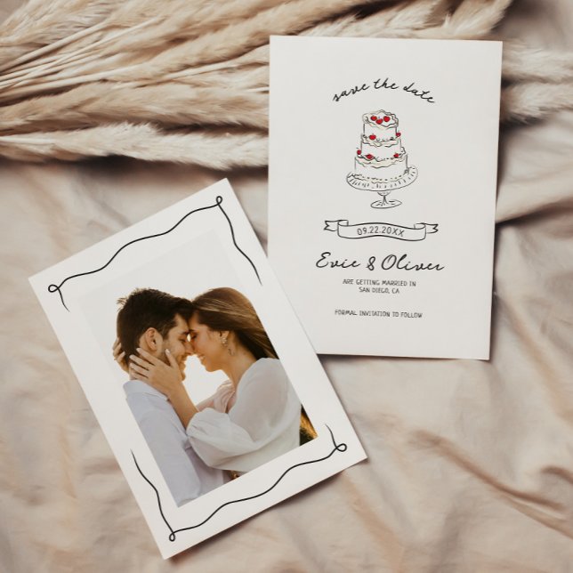 Whimsical Quirky Hand Drawn Cherry Cake Wedding Save The Date (Creator Uploaded)