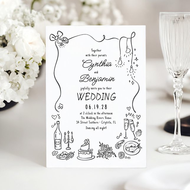 Whimsical Quirky Hand Drawn Doodles Wedding Invitation (Funky Whimsical Wedding Invitation)