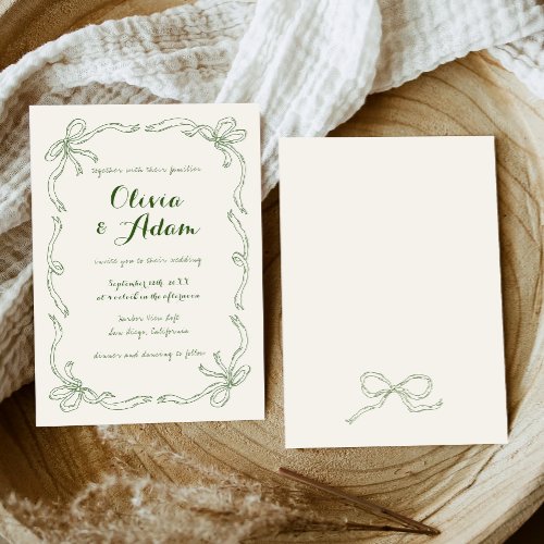 Whimsical Quirky Hand Drawn Green Bow Wedding Invitation