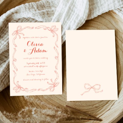 Whimsical Quirky Hand Drawn Orange Bow Wedding Invitation