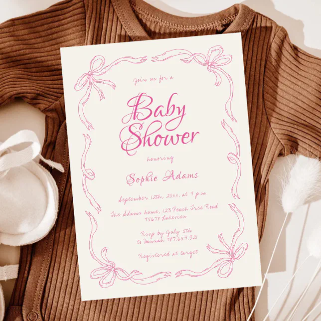 Whimsical Quirky Hand Drawn Pink Bow Baby Shower Invitation | Zazzle