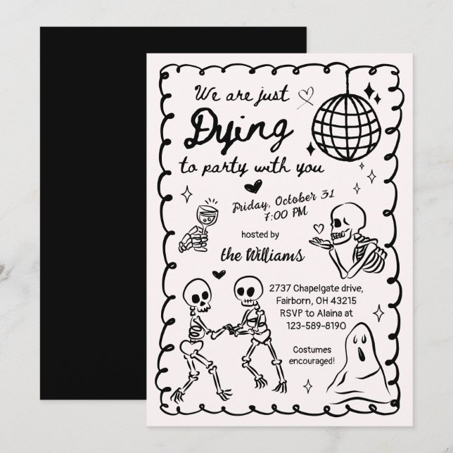 Whimsical Quirky Hand Drawn Skeleton Halloween  Invitation (Front/Back)