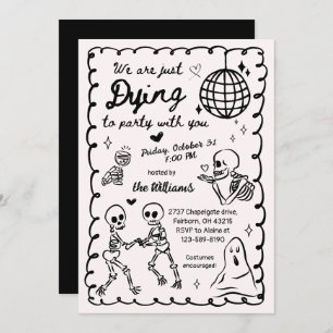 Whimsical Quirky Hand Drawn Skeleton Halloween Invitation