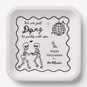 Whimsical Quirky Hand Drawn Skeleton Halloween Paper Plates