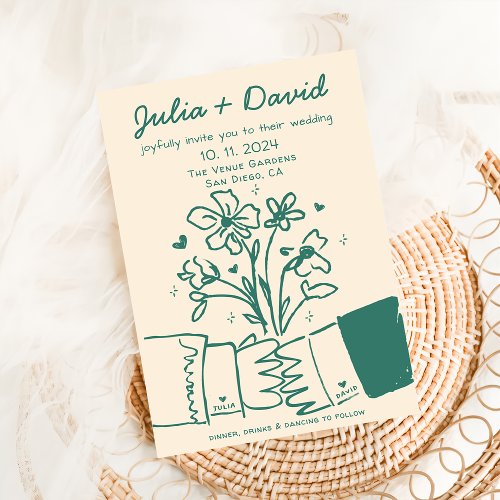 Whimsical Quirky Handwritten Green Floral Wedding Invitation