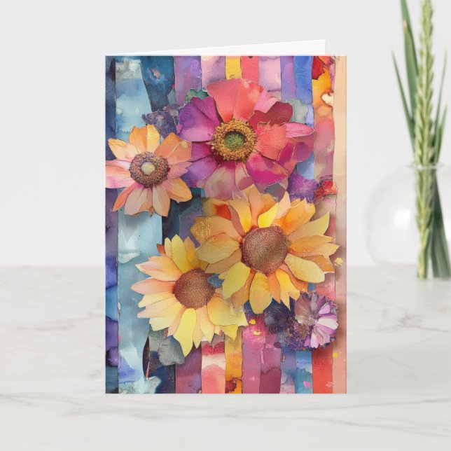 Whimsical Quirky Paper Flowers Hello Folded Card (Front)