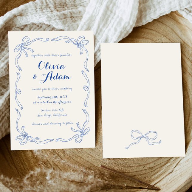 Whimsical Quirky Retro Hand Drawn Blue Bow Wedding Invitation (Creator Uploaded)
