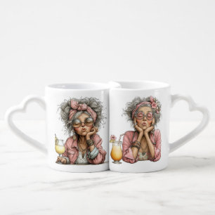 WHIMSICAL QUIRKY SUMMER WOMAN WITH DRINK COFFEE MUG SET