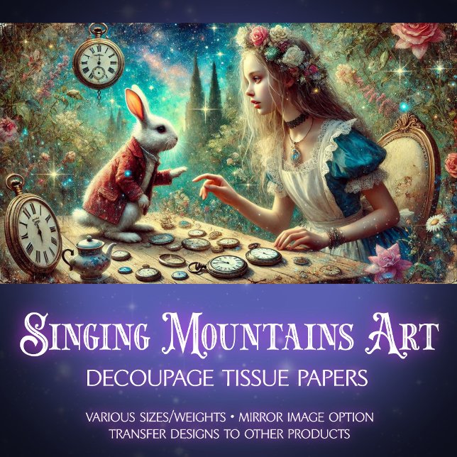 Whimsical Rabbit Alice Clocks Wonderland Decoupage Tissue Paper (Creator Uploaded)