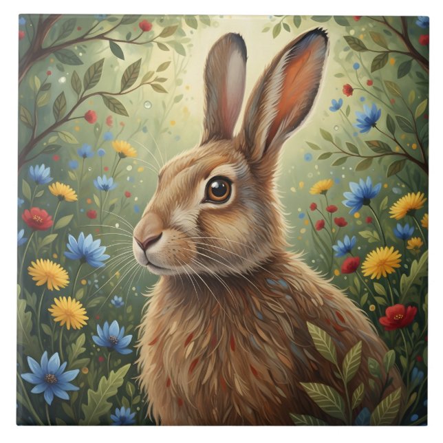 Whimsical Rabbit and Forest Flowers Nature Ceramic Tile (Front)