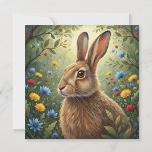 Whimsical Rabbit and Forest Flowers Nature Holiday Card