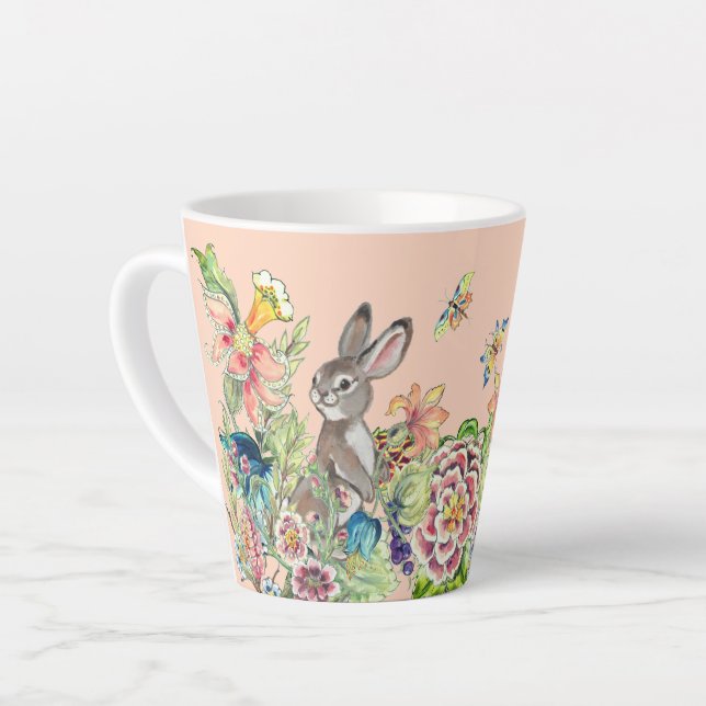 Whimsical Rabbit Blush Pink Chinoiserie Floral  La Latte Mug (Left Angle)