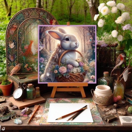 Whimsical Rabbit Flower Basket  Holiday Card