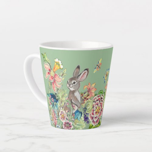 Whimsical Rabbit Mint Green Chinoiserie Floral  Latte Mug