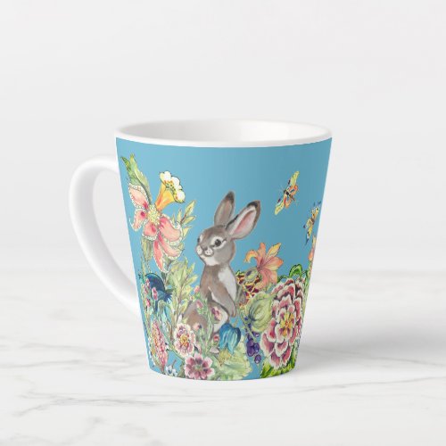 Whimsical Rabbit Turquoise Chinoiserie Floral Latte Mug