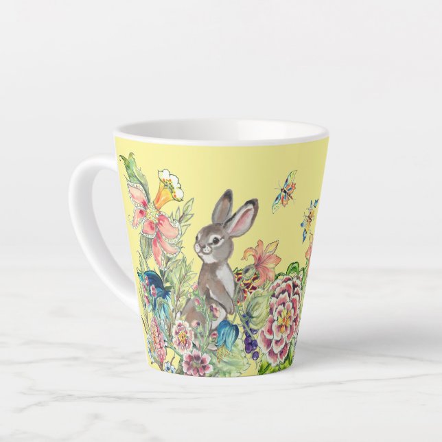Whimsical Rabbit Yellow Chinoiserie Floral Bunny Latte Mug (Left Angle)