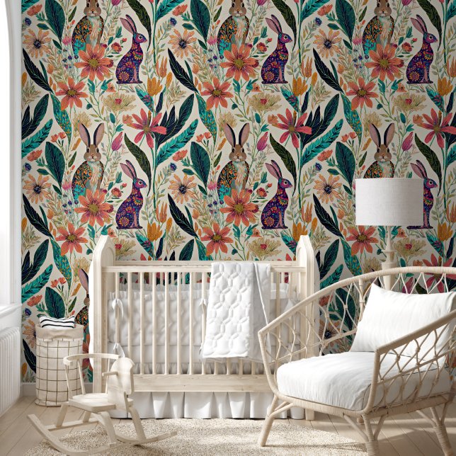 Whimsical rabbits and flowers pattern wallpaper  (Kids)