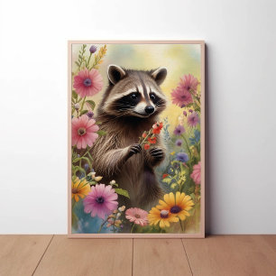 Whimsical Raccoon and Wildflowers Nature Art Poster