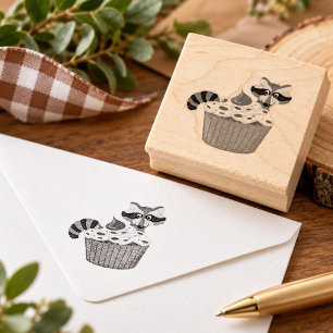 Whimsical Raccoon Chocolate Chip Cupcake Rubber Stamp