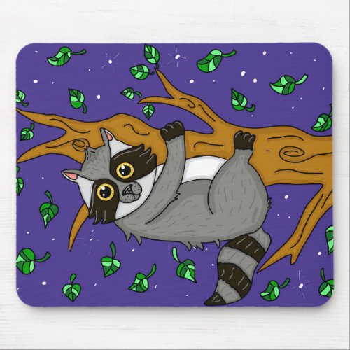 Whimsical Raccoon Hanging from Tree Mouse Pad