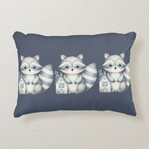 Whimsical Raccoon Night Woodland Cottage Scene Accent Pillow