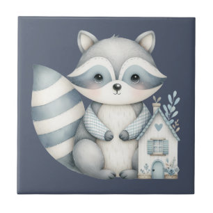 Whimsical Raccoon Night Woodland Cottage Scene Ceramic Tile