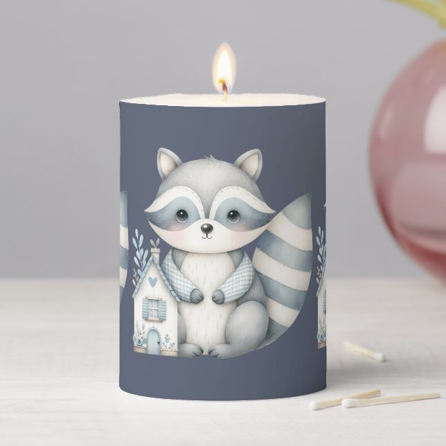 Whimsical Raccoon Night Woodland Cottage Scene Pillar Candle (In Situ)