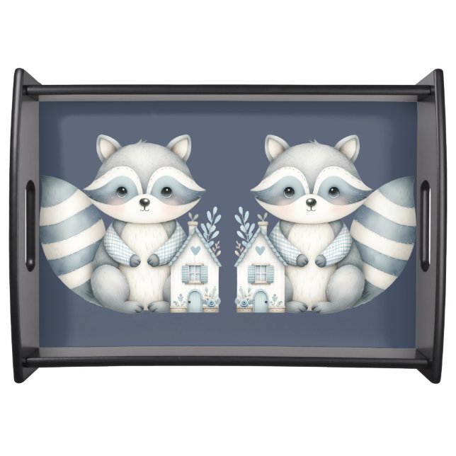 Whimsical Raccoon Night Woodland Cottage Scene Serving Tray (Front)