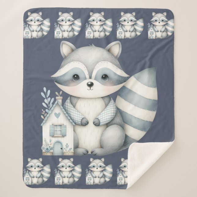 Whimsical Raccoon Night Woodland Cottage Scene Sherpa Blanket (Front)
