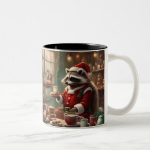 Whimsical Raccoon Santa has Cookies & Coffee Two-Tone Coffee Mug