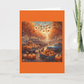 Whimsical raccoon Selling Pumpkins Halloween Card