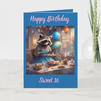 Whimsical Raccoon sweet 16 birthday card