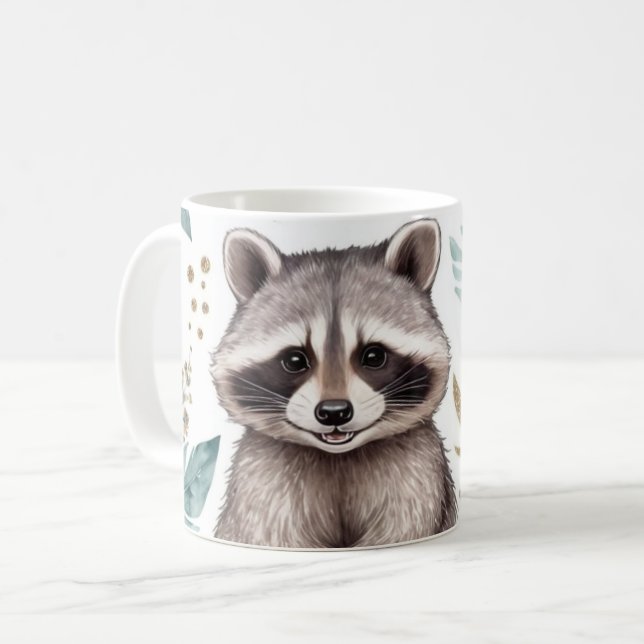 Whimsical Raccoon with Floral Accents Coffee Mug (Front Left)