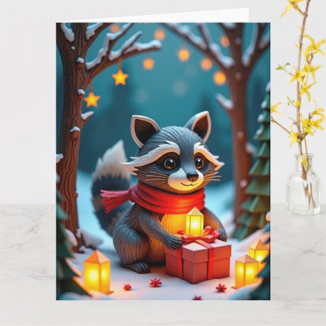 Whimsical Raccoon with Gifts Snowy Christmas Scene Card (Yellow Flower)